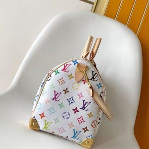 Alternative view of p740M27789 Speedy Bandoulière 25 handbag reimagines the iconic Monogram pattern in vibrant hues inspired by Japanese artist Takashi Murakami, showcasing the playful spirit of the Louis Vuitton x Takashi Murakami collaboration alongside a bow-shaped key case.Crafted from calf leather, it features a Toron handle and a removable, adjustable shoulder strap. The eye-catching padlock and corner pieces evoke the brand's luggage heritage. Dimensions: 30 × 21 × 17 cm